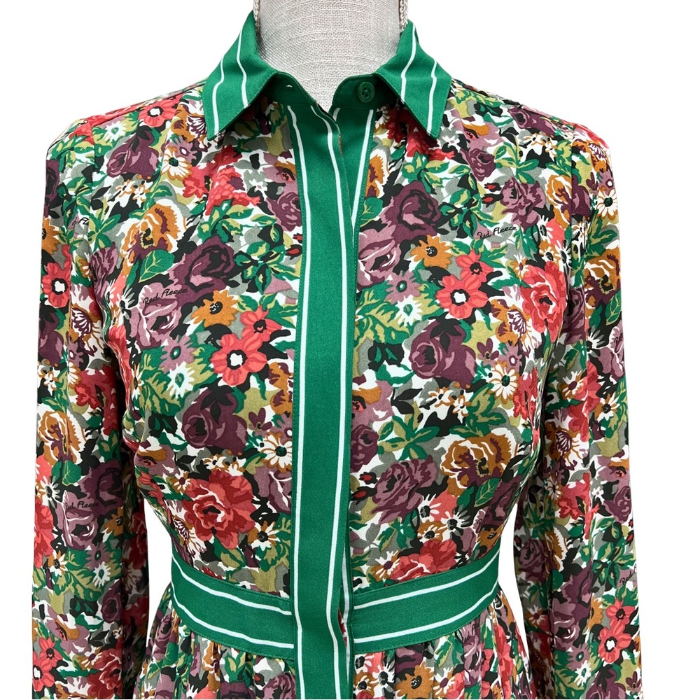 Brooks Brothers Retro Multicolor Floral Long Sleeve Dress with Green Stripe Band - Picture 5 of 12